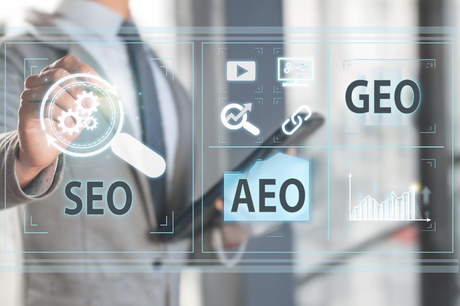 Businessman che interagisce con ologramma SEO - AEO - GEO